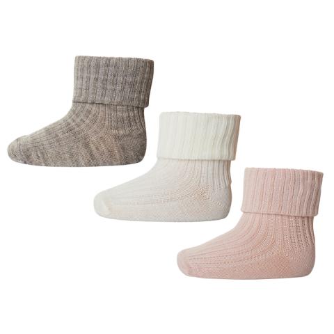 Wool rib baby socks - 3-pack - Light Brown Melange -17/18