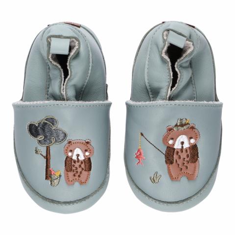 Leather Slippers w. bears - Silver Blue -16/19